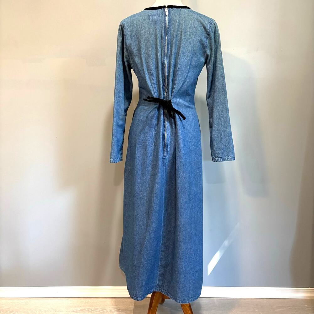 VTG Blue Denim Maxi Dress Long Sleeve Pleated Modest Farm Tradwife, Size 8 - Picture 6 of 7